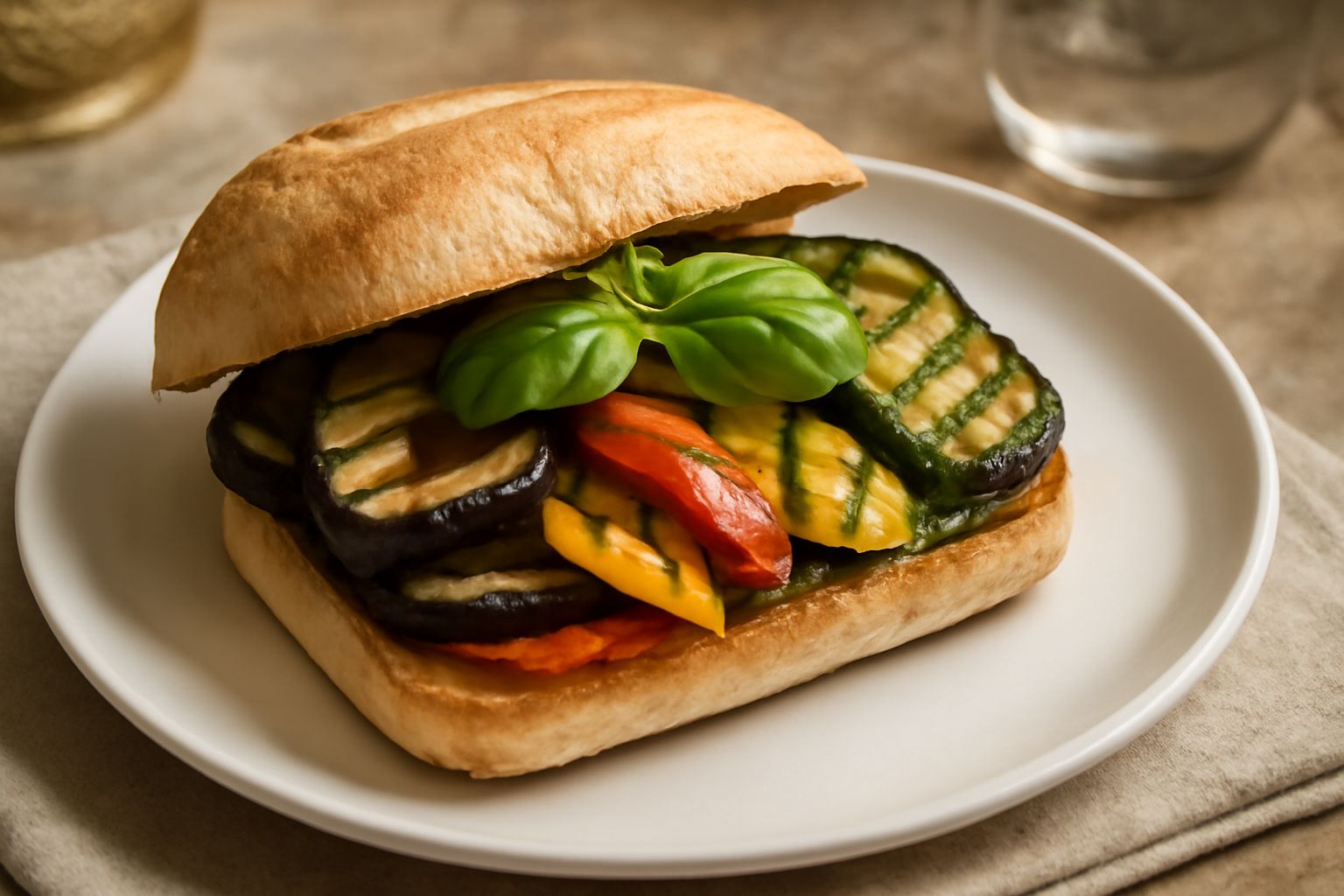 Panino aperto con fette di melanzana grigliata scura, peperoni rossi e gialli, zucchine verdi a strisce, basilico fresco, su pane tostato con sfondo grigio