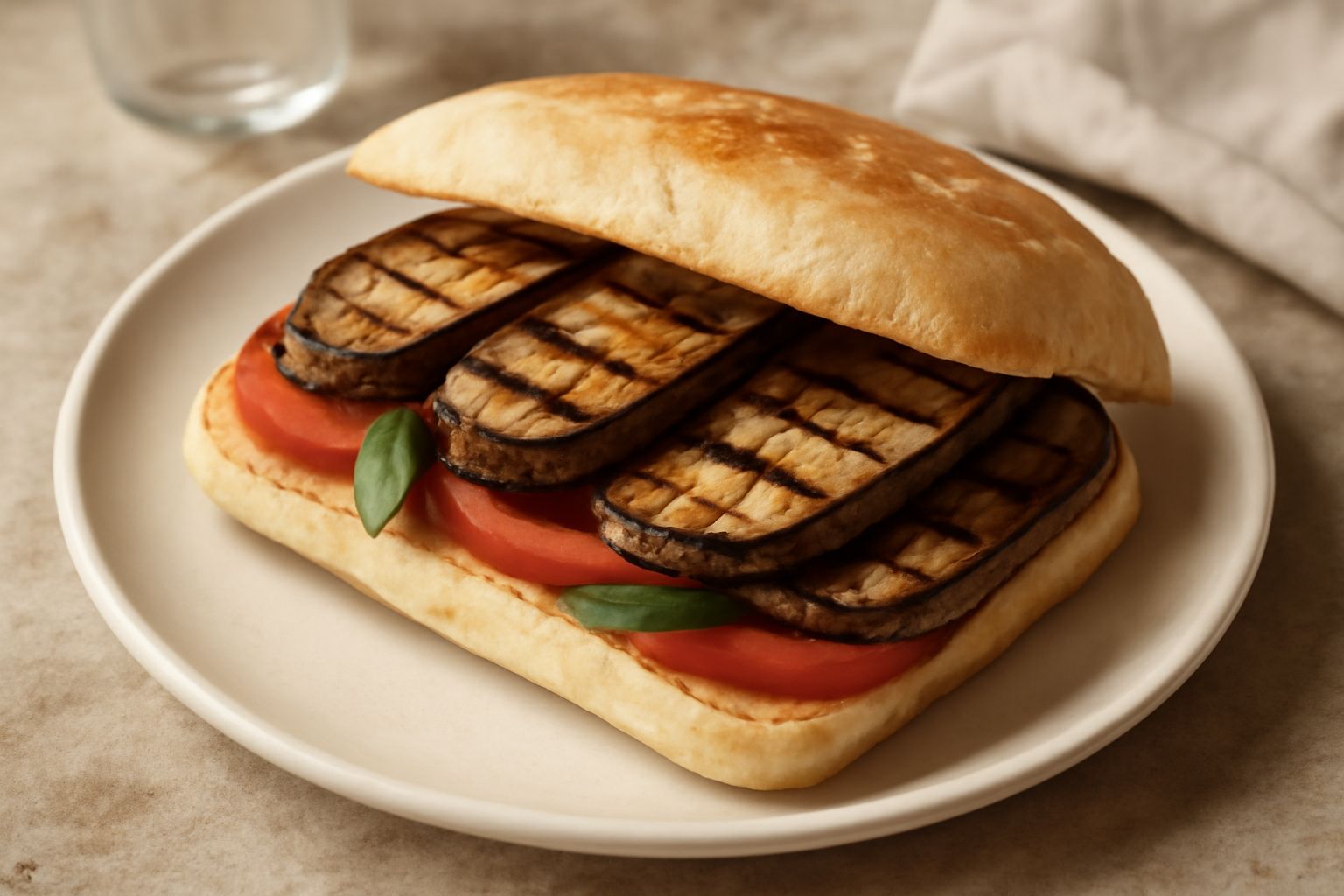 Panino aperto con melanzane grigliate color bruno dorato, strati di pomodoro fresco rosso, foglie di basilico verde, all'interno di pane tostato beige con una leggera doratura ai bordi