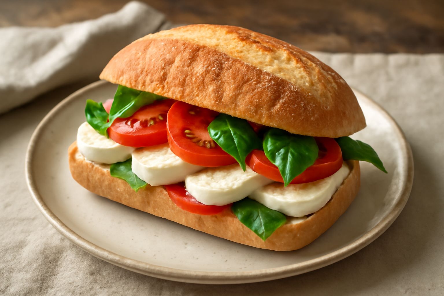 Panino appena tagliato in diagonale, ripieno di fette di mozzarella bianca, pomodoro rosso vivo con semi visibili, e foglie di basilico fresco verde. Il pane è dorato e croccante in superficie. Posato