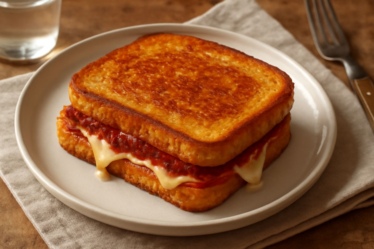 Panino tostato in padella con 'nduja rossa e strisce di scamorza gialla che fuoriescono, crust dorato scuro, servito su piatto bianco con fetta di limone