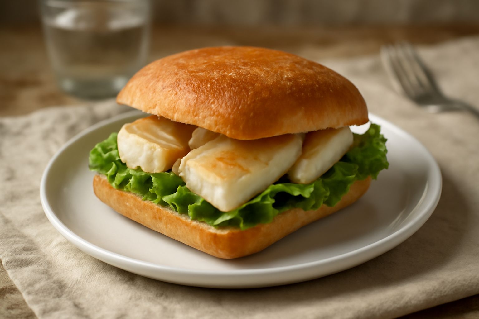 Panino aperto con filetti di pesce bianco dorato, lattuga verde croccante, pomodoro rosso, una fetta di limone gialla e pane tostato leggermente ai lati