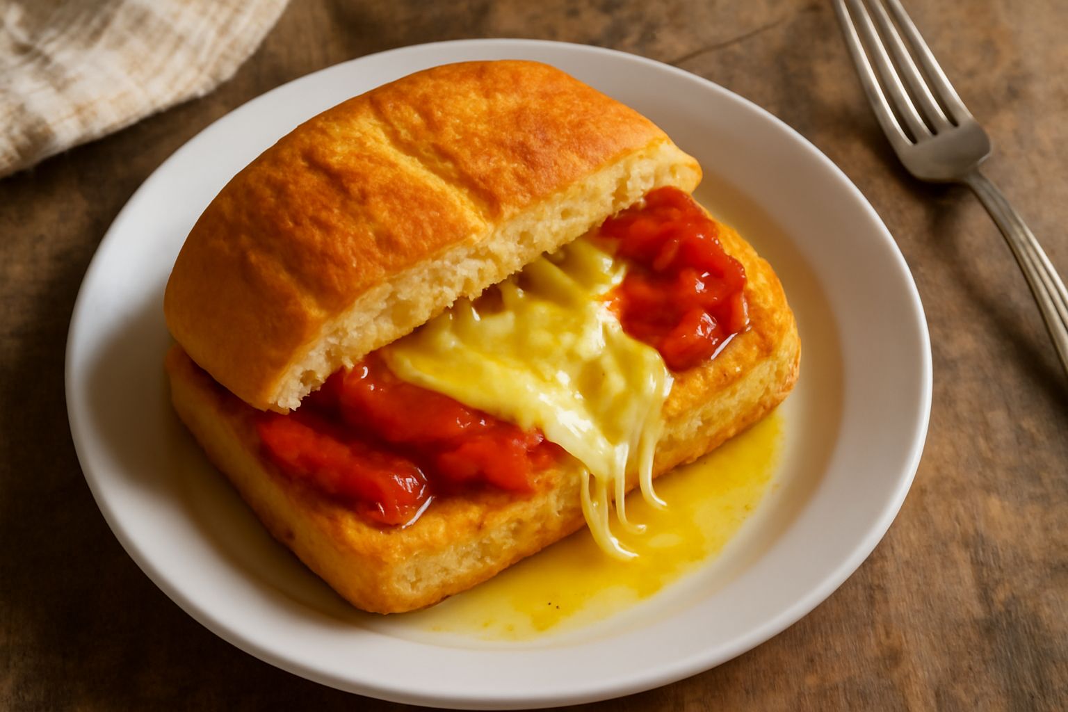 Panino aperto su un piatto bianco con fette di provola gialla che fuoriescono dal pane dorato e croccante, peperoni rossi arrostiti visibili tra le strati, vapore leggero ancora presente