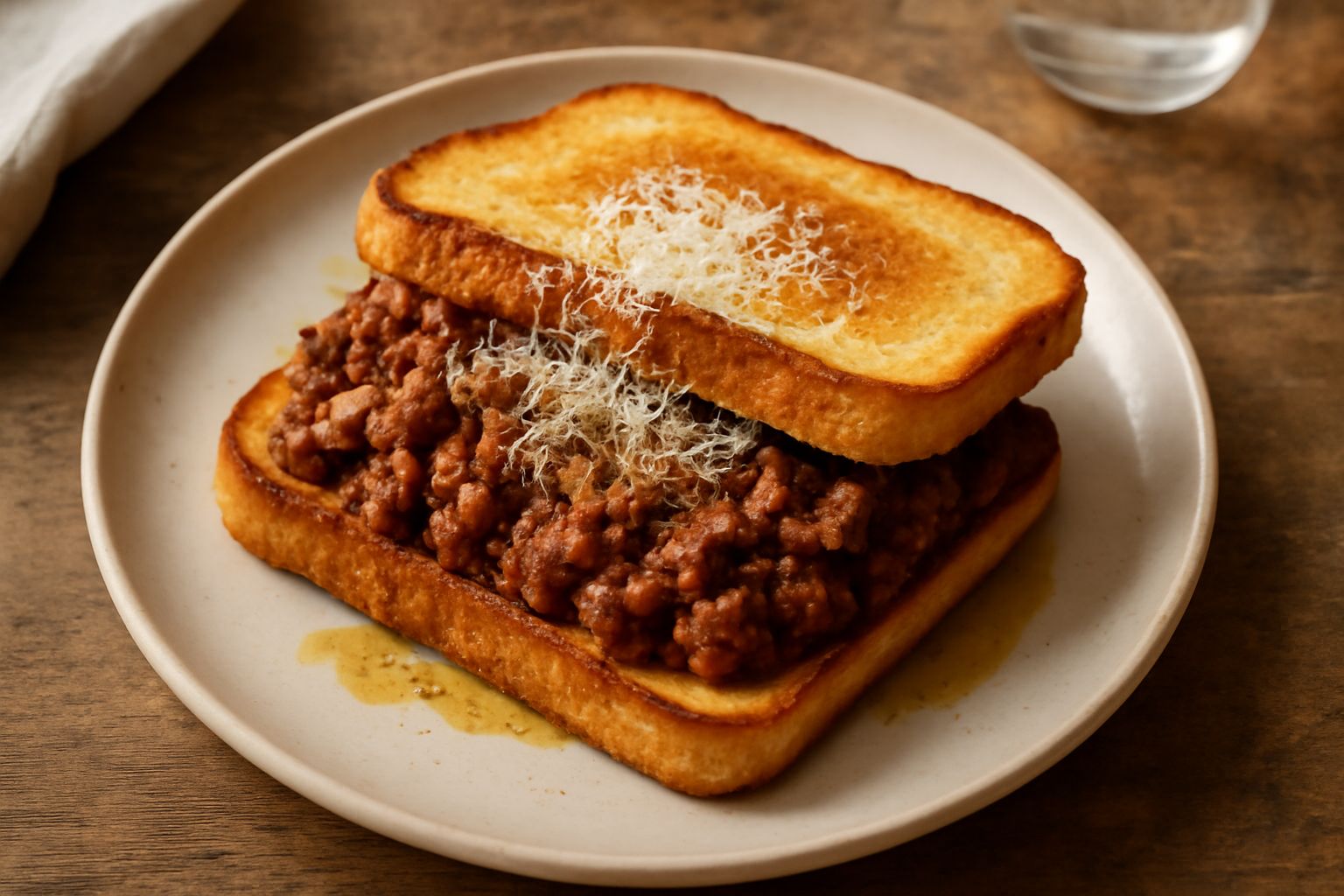 Panino di pane tostato con ripieno generoso di ragù marrone scuro, carne visibile tra le fette, servito su un piatto bianco con un contorno di verdure fresche