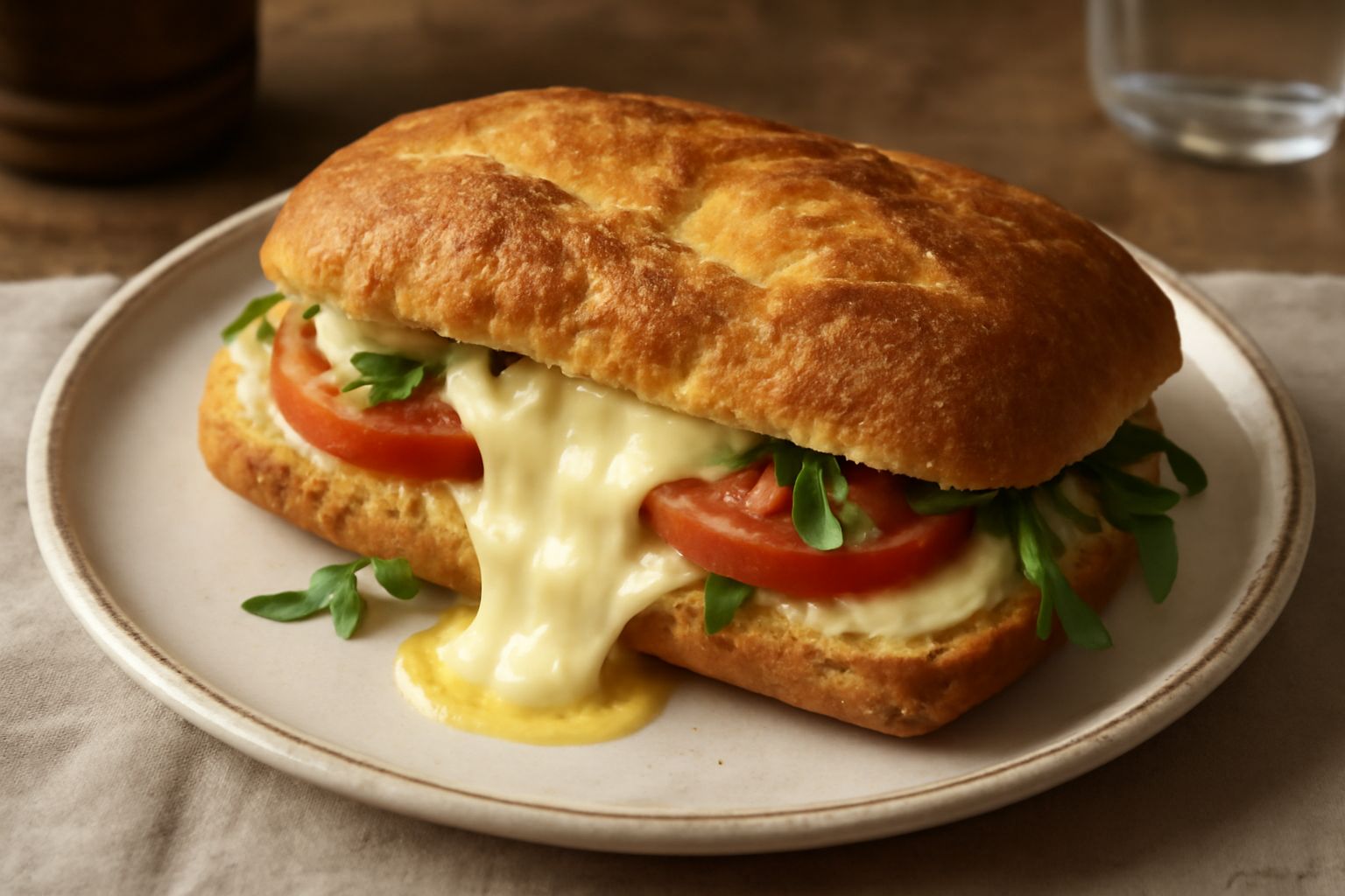 Panino aperto con scamorza fusa filante al centro, pomodori freschi rossi, rucola verde, in un pane tostato color marrone chiaro, impiattato su un piatto bianco