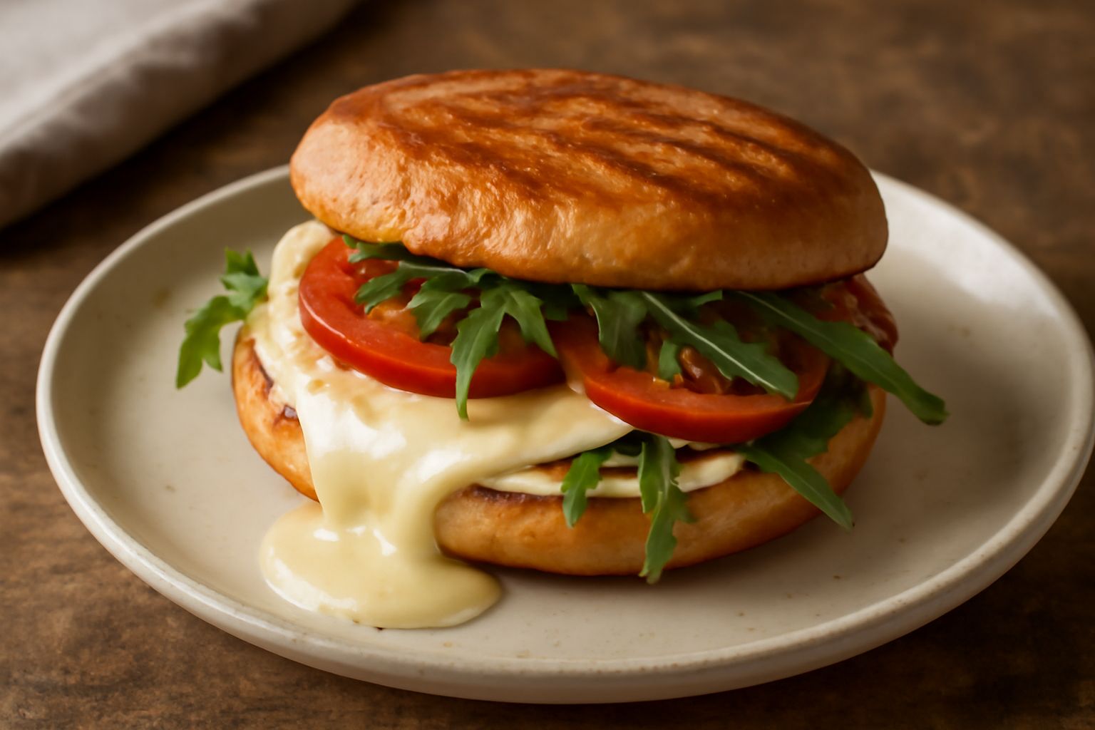 Panino appena sfornato con tomino filante, tagliato a metà, ripieno di formaggio caldo bianchissimo e fette di pomodoro fresco, disposto su carta da forno con qualche foglia di rucola fuori dal pane