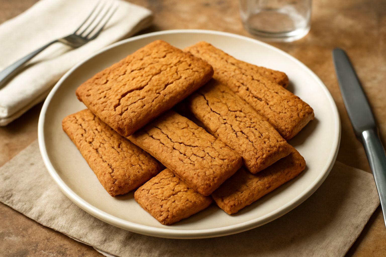 Biscotti dorati croccanti rettangolari disposti su piatto bianco, superficie rugosa e screpolata, bordi ben caramellati, alcuni spezzati per mostrare l'interno compatto e friabile