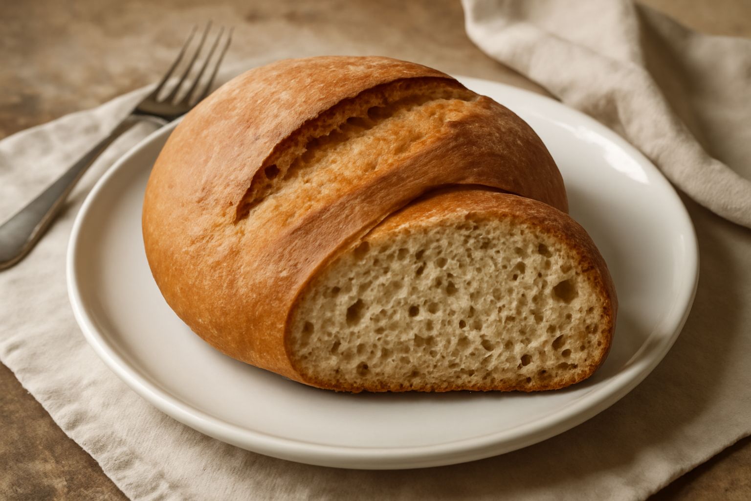 Pane rotondo color nocciola dorato con leggera spaccatura sulla superficie, affettato a fette su un tagliere di legno, interno poroso e occhiature visibili, miglior fuoco su crosta croccante