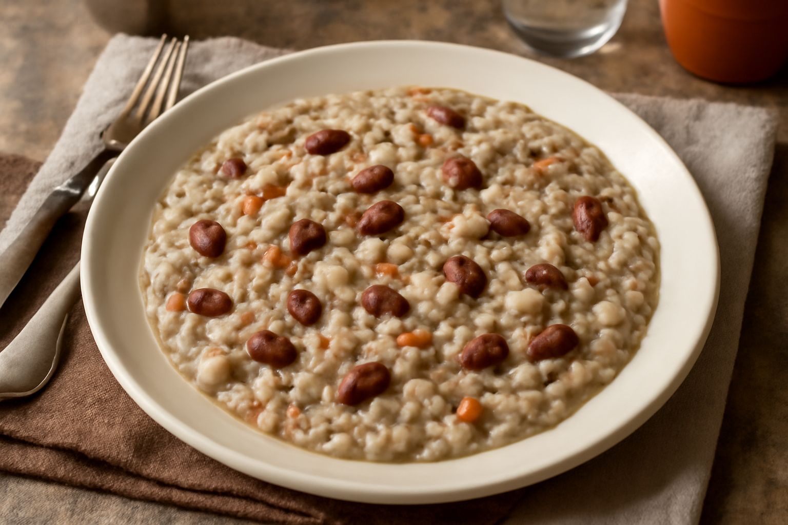 Paniscia novarese in ciotola di ceramica bianca, risotto cremoso bianco e marrone con chicchi di riso visibili, fagioli rossi sparsi in superficie, guarnito con prezzemolo fresco e formaggio grattugia