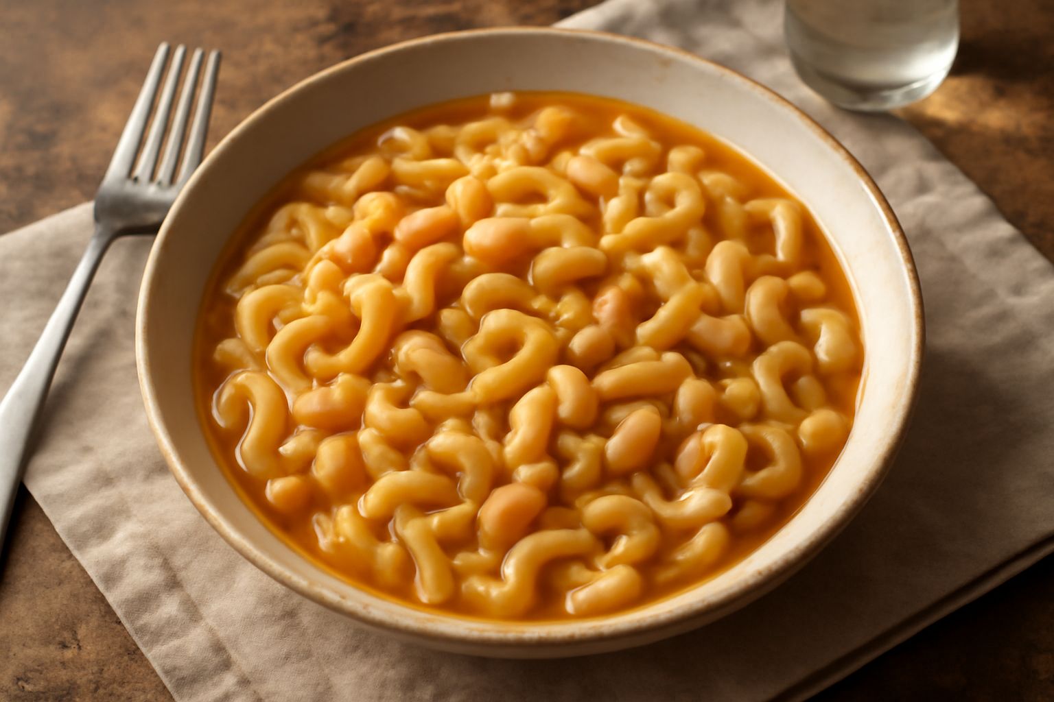 Ciotola di ceramica con paniscias fumanti, pasta corta gialla crema con fagioli bianchi in brodo leggero, scoperta in primo piano, tavolo di legno rustico, cucchiaio accanto