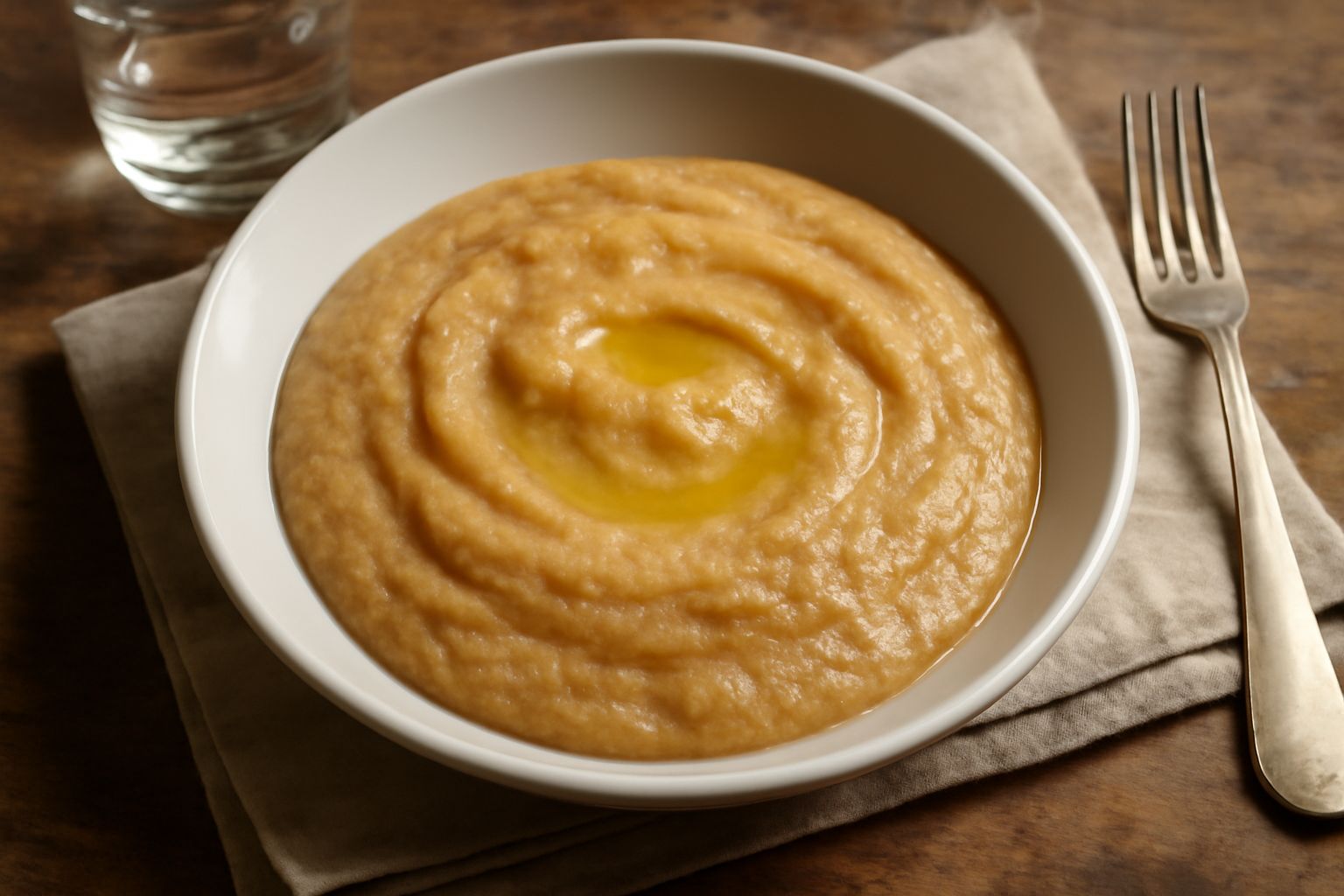 Panissa alessandrina servita in un piatto fondo bianco, cremosa e dorata, con superficie liscia leggermente oleata, guarnita di pepe nero macinato fresco, con cucchiaio d'acciaio posato al lato