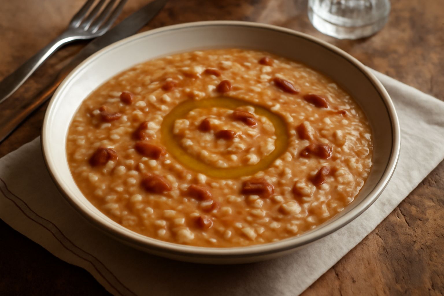 Piatto fondo di panissa di riso cremosa, color avorio e marrone dagli otto e i fagioli, fumante, con un cucchiaio di legno dentro, ciotola di parmigiano grattugiato a lato su tavolo scuro
