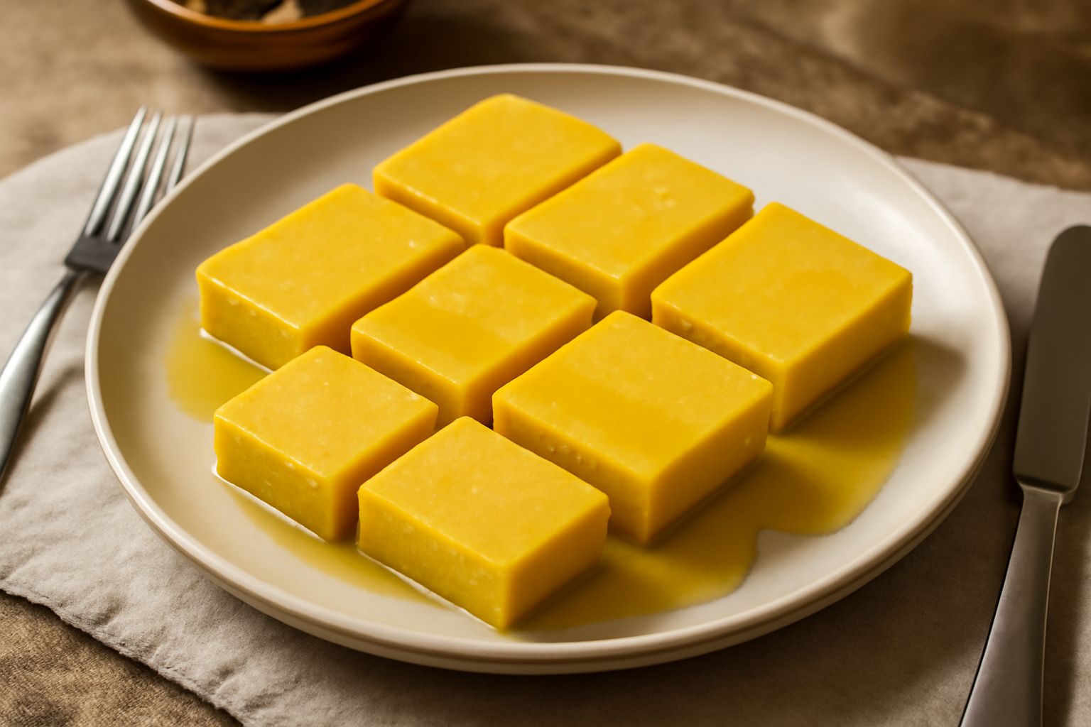 Panissa fredda tagliata a rettangoli color giallo-oro su piatto bianco, condita con olio d'oliva lucido e pepe nero macinato, con limone fresco a lato