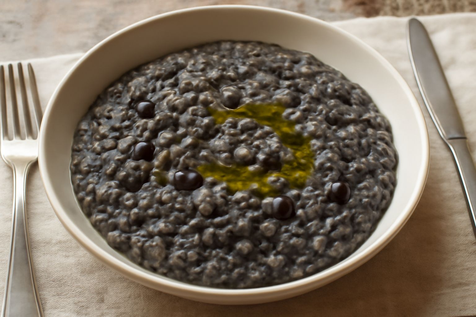 Panissa nera cremosa in ciotola bianca, riso e fagioli neri amalgamati, con gocce di olio d'oliva in superficie, cucchiaio di legno accanto, tavolo di legno scuro