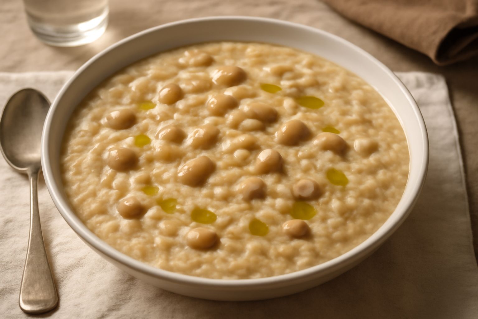 Una ciotola di panissa novarese beige e cremosa, con chicchi di riso visibili e fagioli in superficie, condita con olio verde scuro, su tavolo di legno chiaro