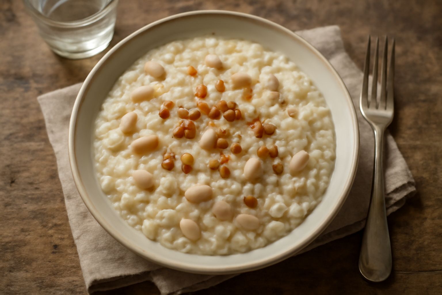 Panissa padovana cremosa in ciotola bianca, riso integrato con fagioli bianchi visibili, mantecata con burro, pancetta fritta ai lati, cucchiaio di legno, fondo scuro