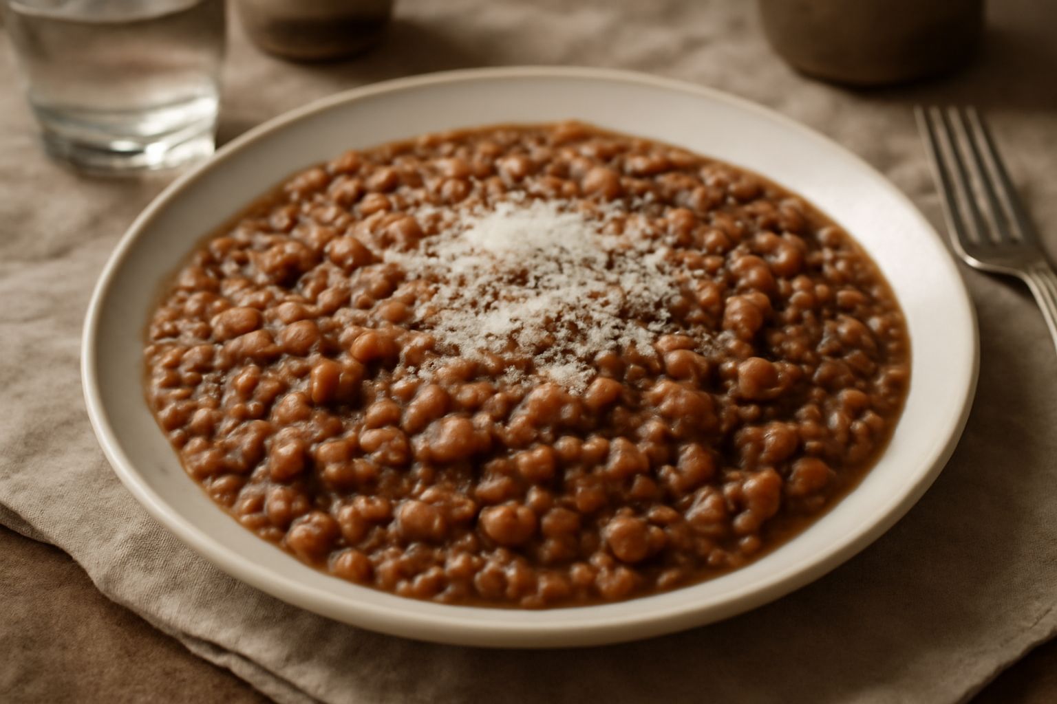 Panissa vercellese servita in piatto fondo bianco: cremosa e scura, con chicchi di riso visibili e fagioli borlotti rossi, fumante, guarnita con parmigiano grattugiato in scaglie