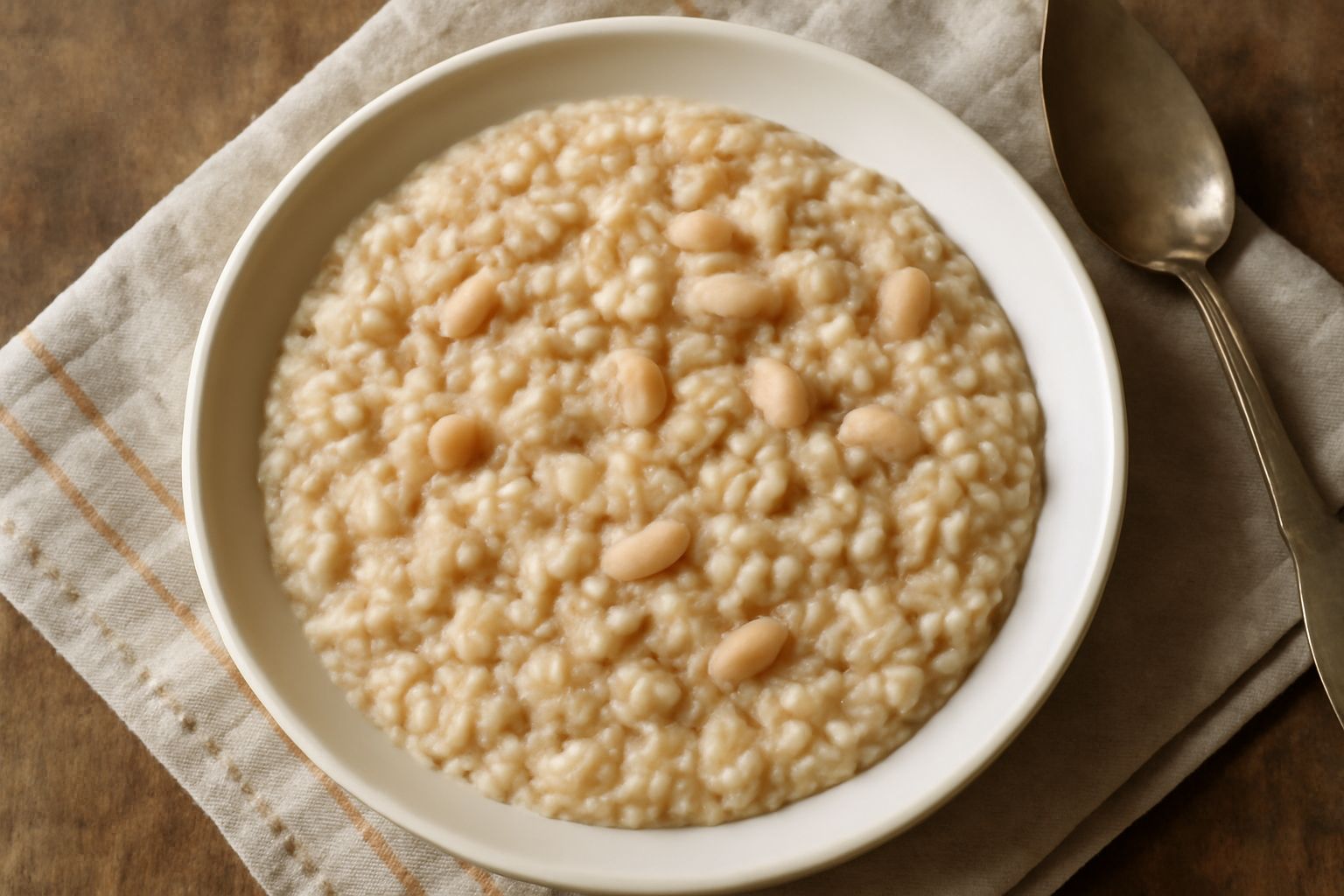 Panissa vicentina in ciotola bianca, riso e fagioli bianchi cremosi, colore beige e bianco, condimento di olio verde, cucchiaio accanto