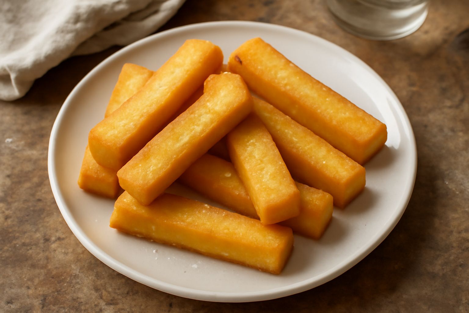 Panisse dorate e croccanti appoggiate su carta assorbente bianca, con una ciotola di salsa rossa accanto, sfondo di cucina con pentola in acciaio