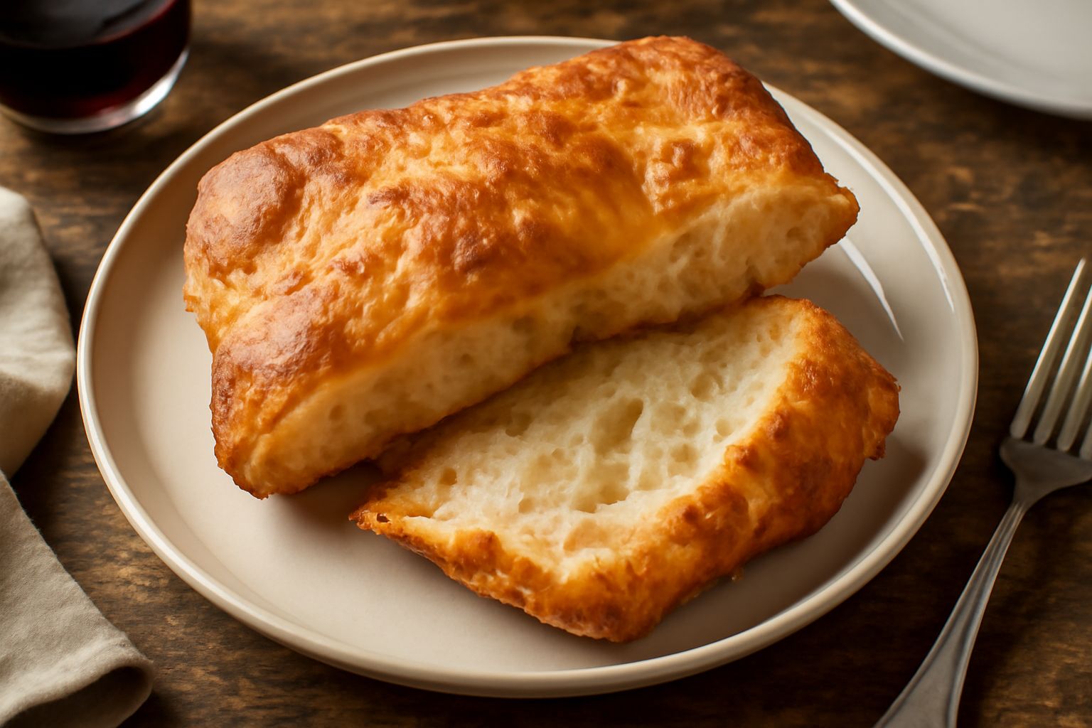 Panizza dorata e croccante appena fritta su piatto bianco, ancora fumante, con crosticina marrone dorata e spaccature visibili sulla superficie, condita con sale grosso