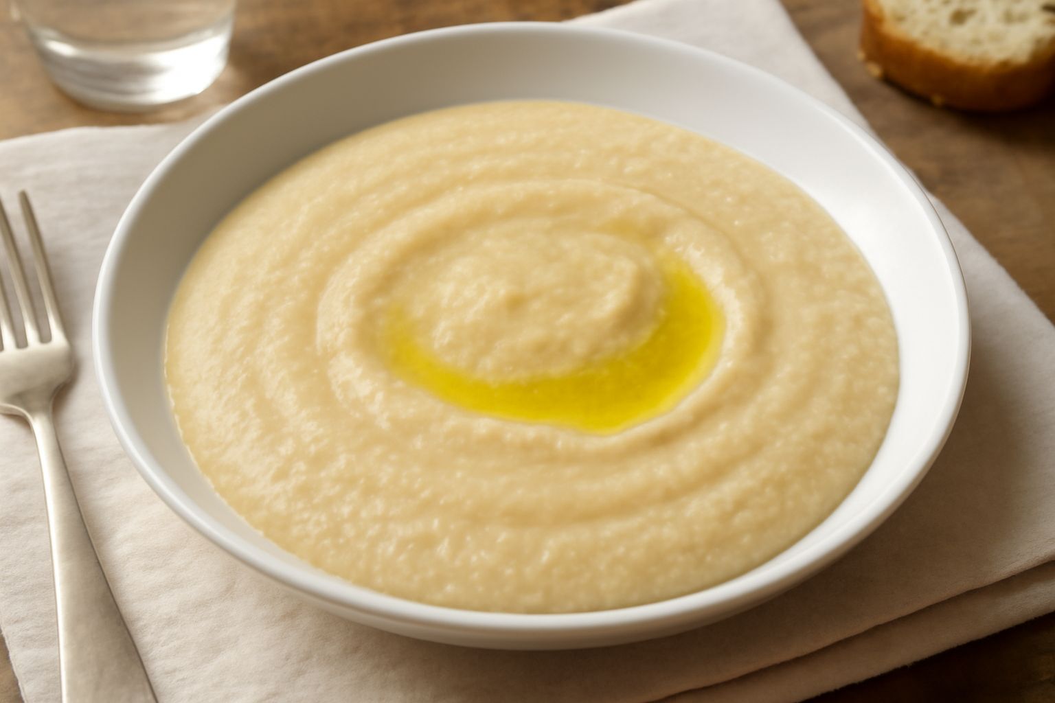 Panmolle in un piatto bianco fondo, cremosa e liscia di colore beige chiaro, con filo di olio d'oliva e una spolverata di pepe nero appena macinato