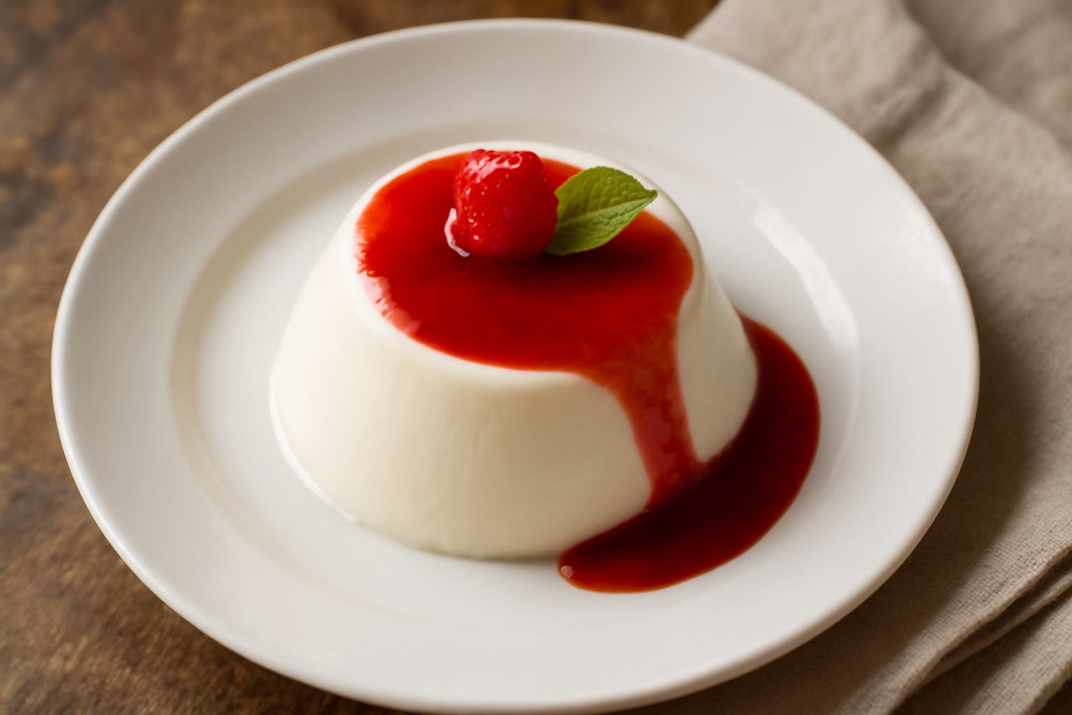 Panna cotta bianca cremosa in bicchiere trasparente, decorata con salsa di frutti di bosco rosso scuro nella parte inferiore, cucchiaino di metallo sul piatto