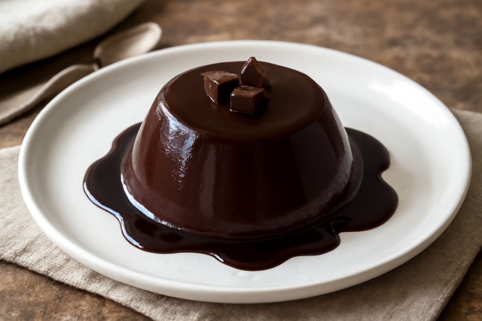 Panna cotta al cioccolato in bicchiere trasparente, cremosa e scura, con superficie liscia e lucida, guarnita con scaglie di cioccolato fondente e foglia di menta verde