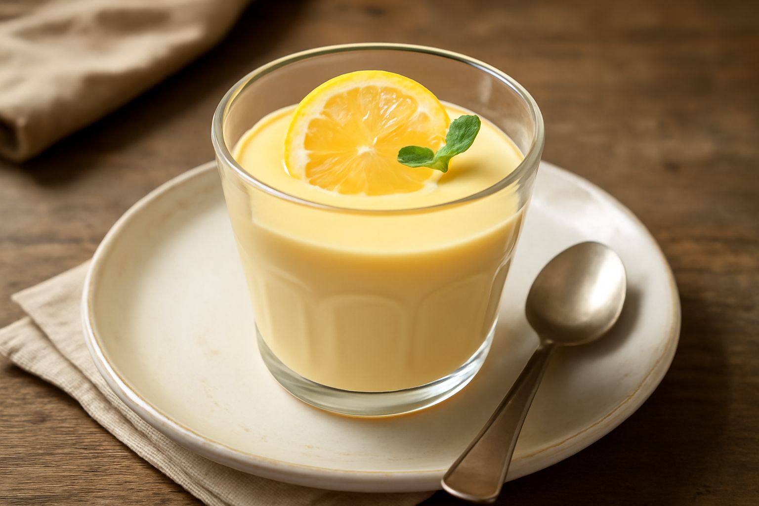 Bicchiere trasparente con panna cotta al limone giallo chiaro e cremosa, guarnita con una sottile fetta di limone e foglia di menta fresca, posato su un piattino bianco con un cucchiaio