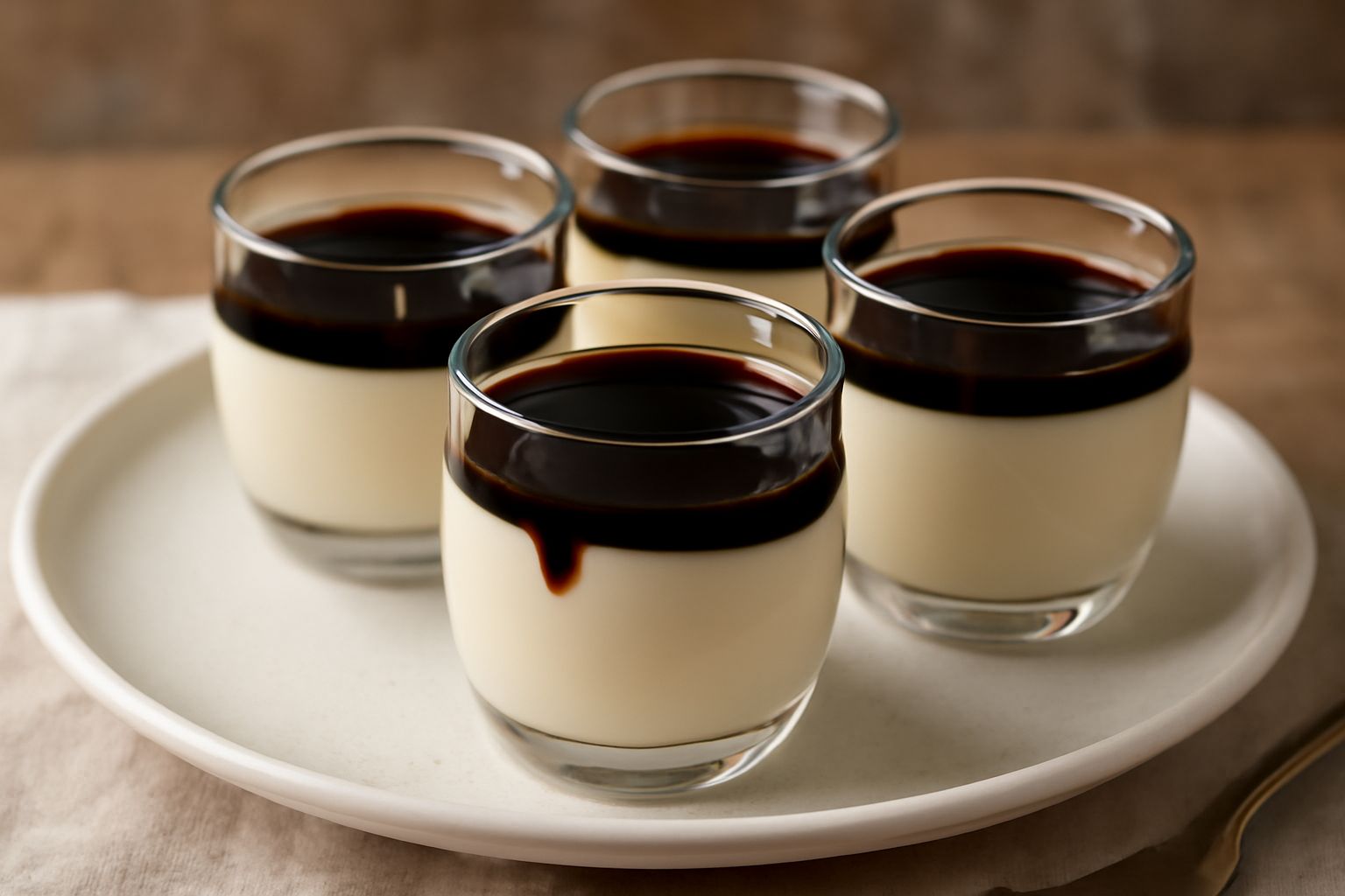Bicchierini trasparenti con panna cotta bianca cremosa, ricoperta da una riduzione lucida e scura di aceto balsamico, porzioni singole su fondo bianco