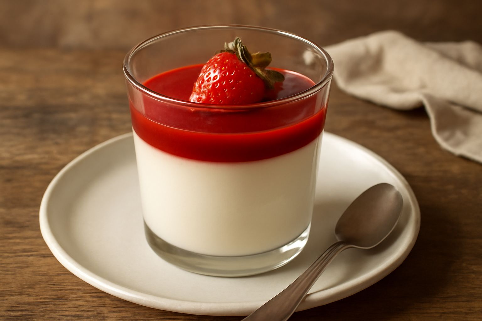 Una panna cotta bianca e liscia in bicchiere di vetro trasparente, ricoperta da coulis rosso vivo di fragole e guarnita con una fragola intera fresca in cima