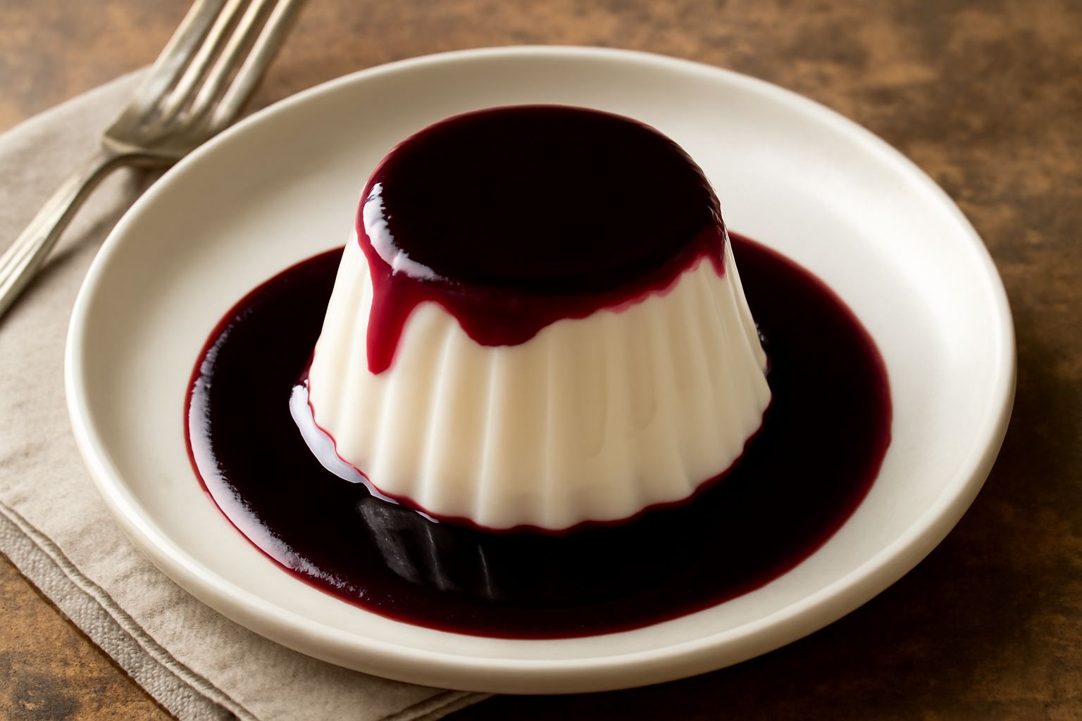 Panna cotta bianca cremosa in bicchiere di vetro trasparente, guarnita con cucchiaino d'argento, accanto una salsa viola scura di mirto, piattino bianco, sfondo neutro