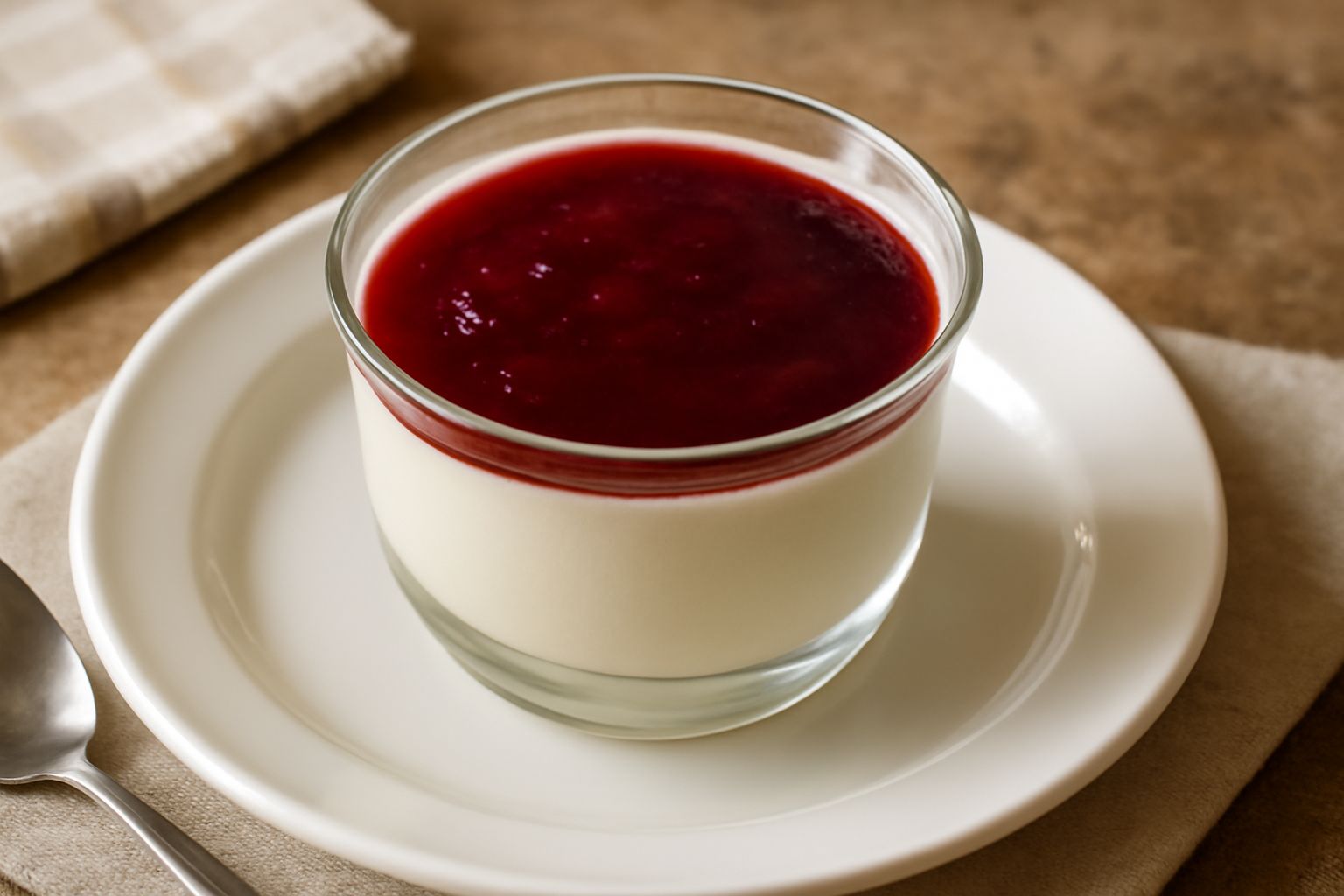 Panna cotta bianca cremosa dentro a una coppetta in vetro trasparente, guarnita con salsa di frutti di bosco rosso scuro e una foglia di menta verde in cima