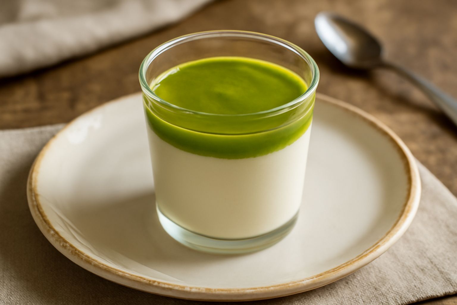 Panna cotta bianca e cremosa in bicchiere da dessert, servita con una pallina di gelato di pistacchio verde sul lato e una leggera spolverata di nocciole tritate, su sfondo bianco.