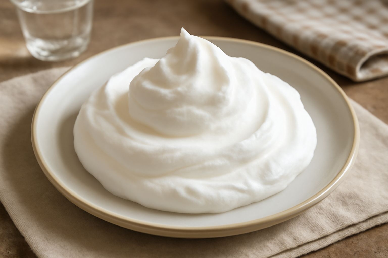 Panna montata bianca e soffice in una ciotola di vetro, con picchi dolci e vellutati sulla superficie, guarnita con una stecca di vaniglia bourbon, su fondo di marmo bianco