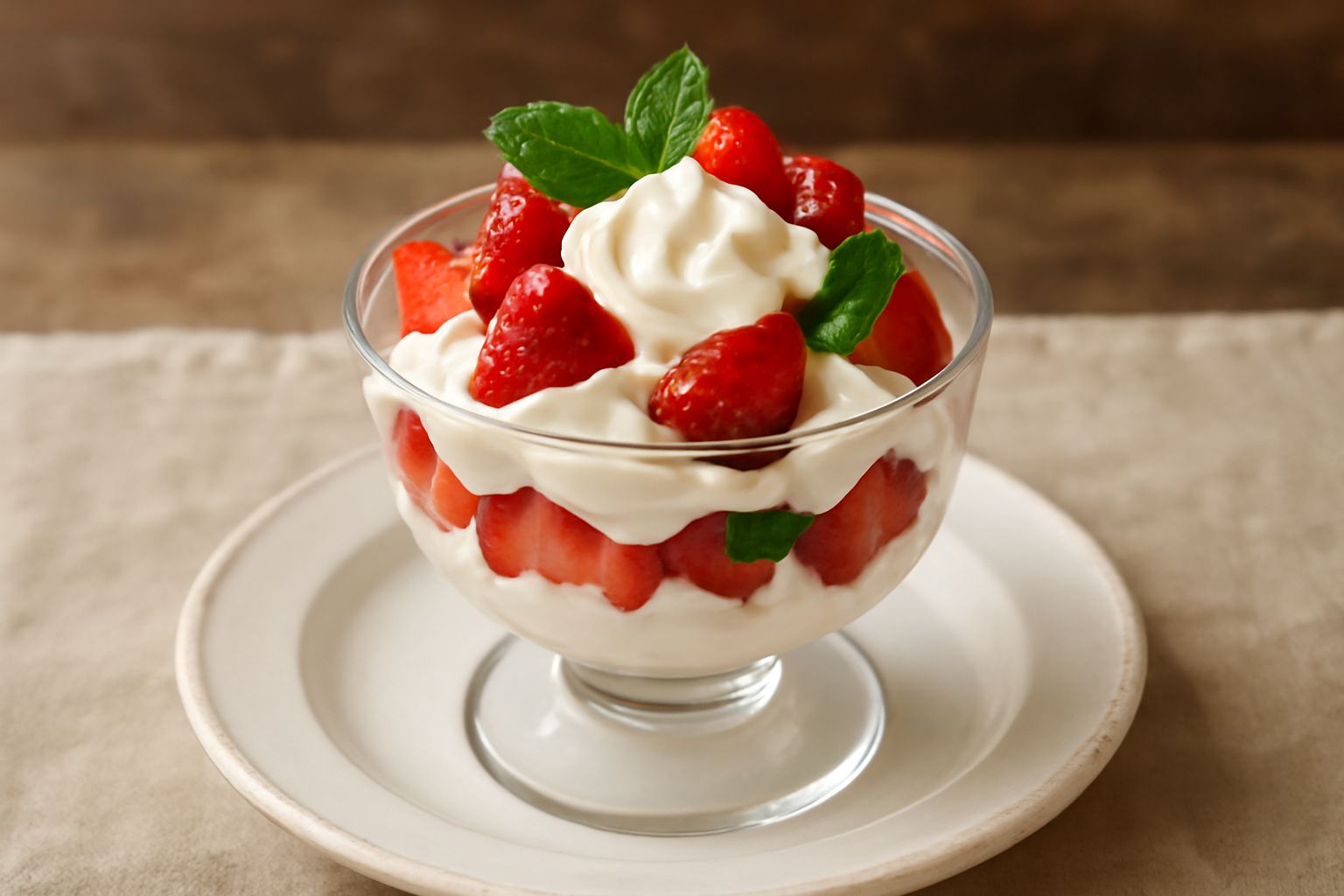Panna montata bianca e soffice montata in una coppa di vetro trasparente, decorata con fragole fresche rosse tagliate a metà e qualche foglia verde di menta, guarnita con scagliette di cioccolato bian