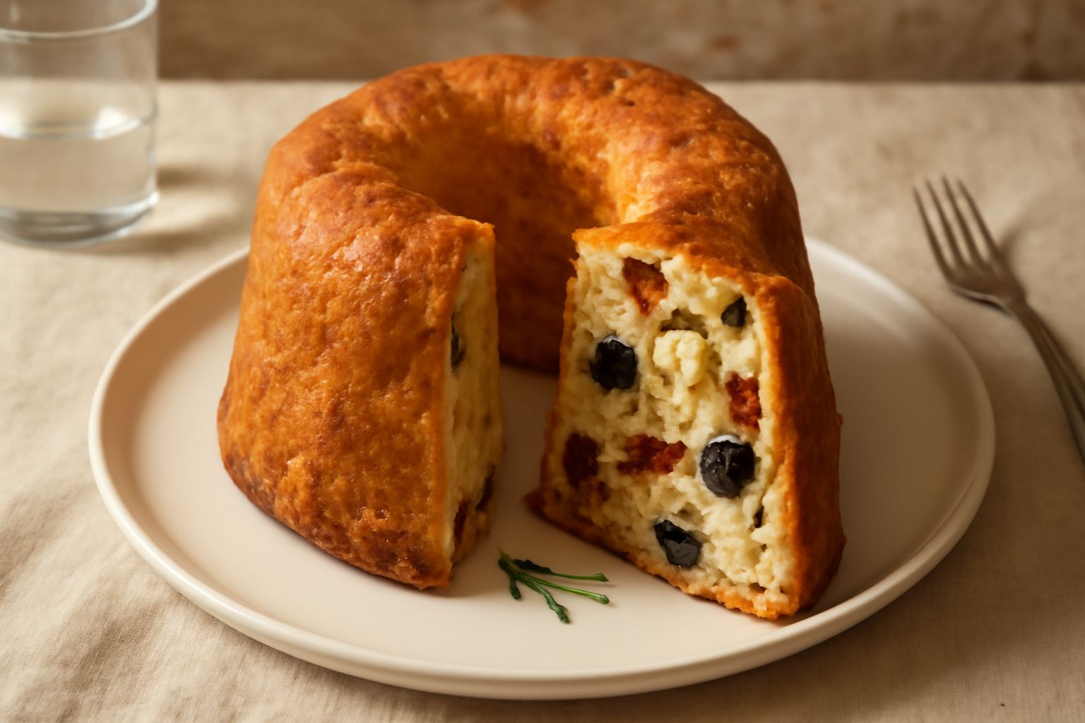 Panettone salato a fette su un piatto bianco, mostra la mollica gialla con visibili cubetti di formaggio scuro, olive nere e verdure sott'olio. Superficie dorata e lucente. Contorno con olio d'oliva i