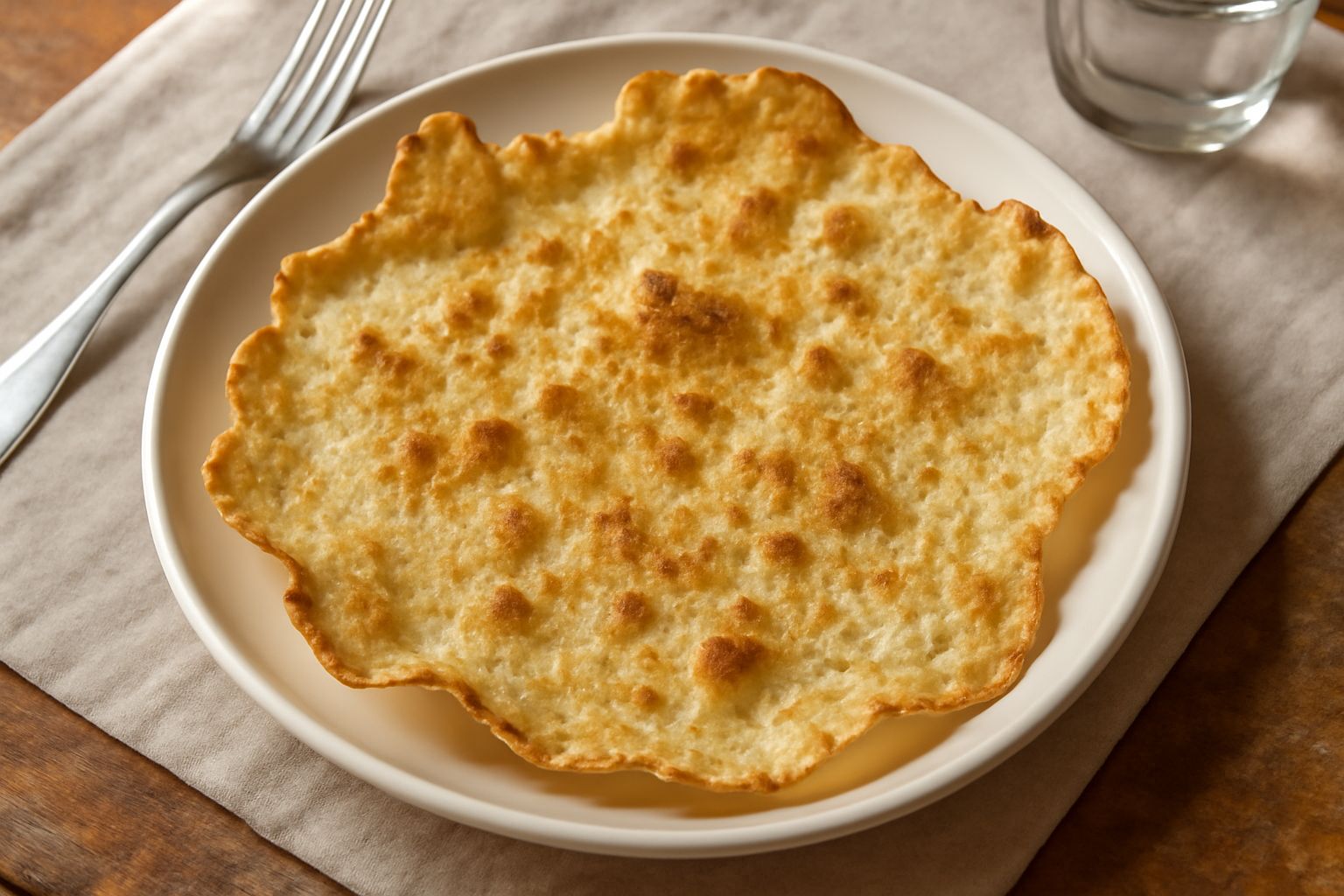 Panniccia appena sfornata, dorata e croccante, spezzata a mano su tavolo di legno, leggermente oleata, accompagnata da un piatto di zuppa di legumi
