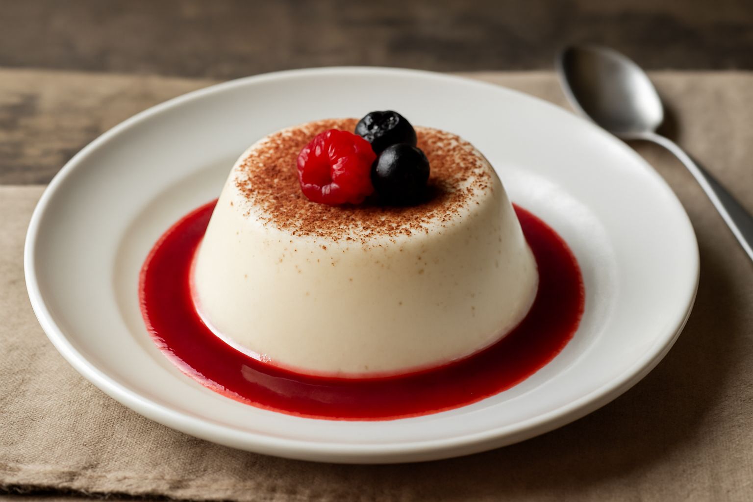 Pannicotta bianca cremosa in bicchiere trasparente, guarnita con bacche rosse fresche, su piatto bianco con cucchiaio di ceramica