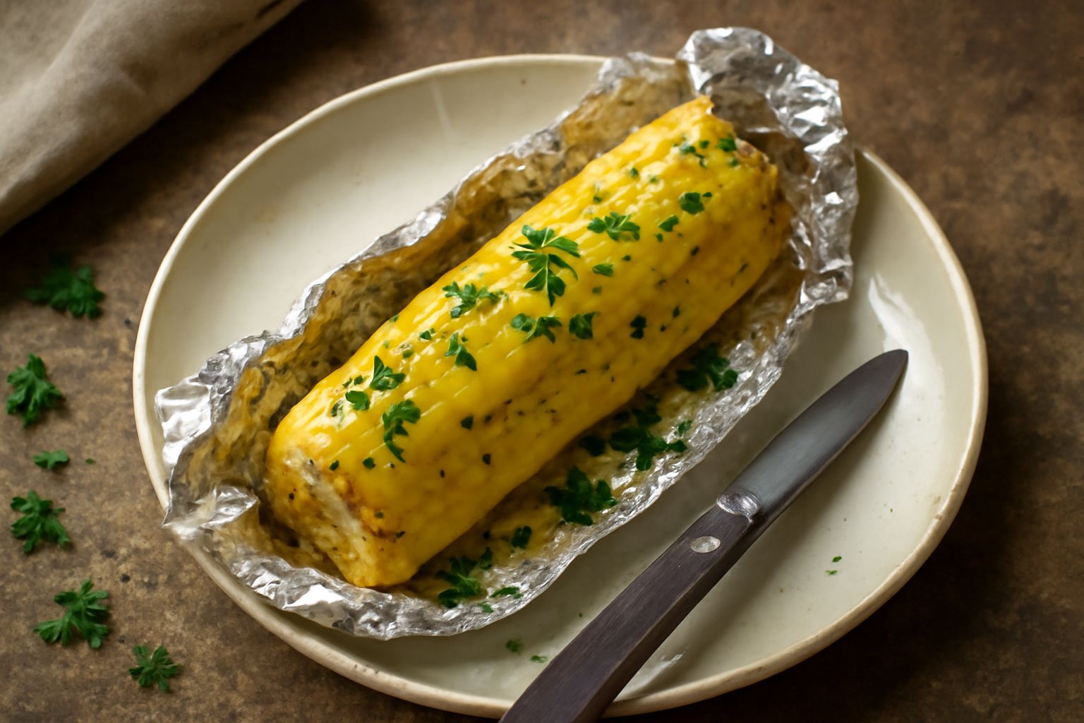 Pannocchia intera dorata al forno, ancora avvolta parzialmente nella carta stagnola, con chicchi brillanti e burro fuso, su piatto bianco con prezzemolo fresco