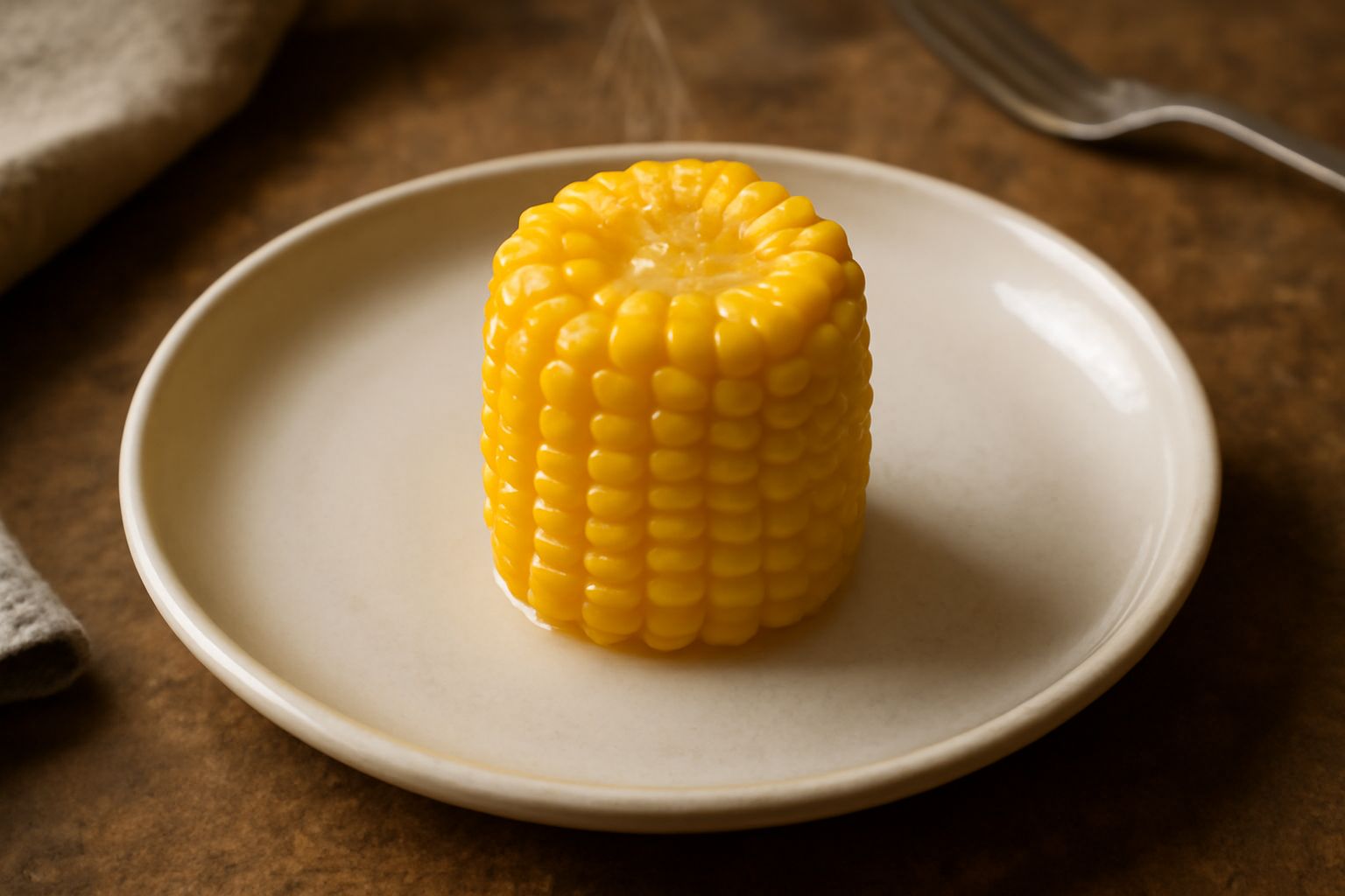 Pannocchia di granturco bollita giallo vivo, intera e ancora al vapore, servita in un piatto bianco con punta di burro dorato e pepe nero macinato fresco