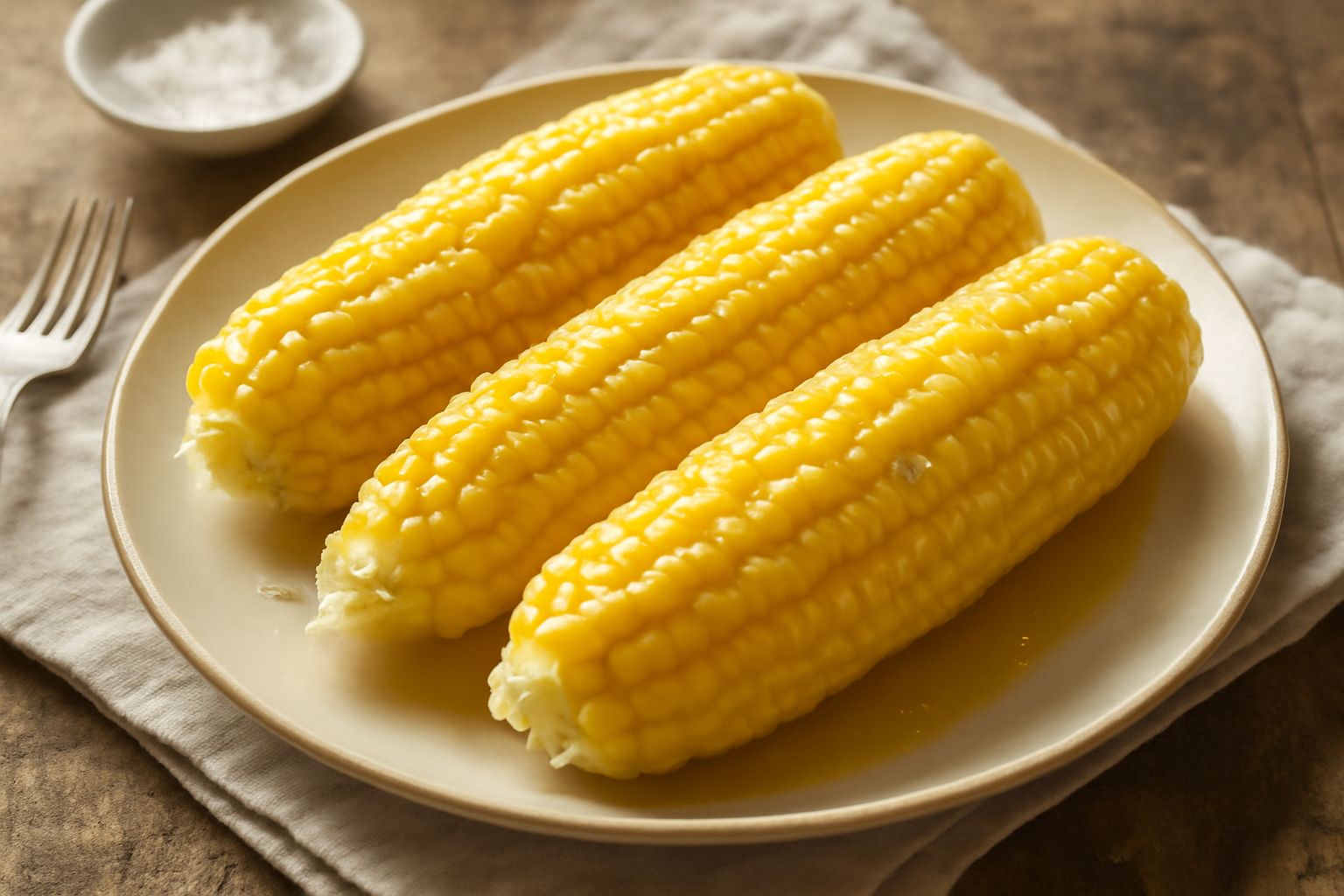 Pannocchie intere appena lessate, giallo dorato e brillante, adagiate su un piatto bianco con gocce d'acqua, contorno di prezzemolo fresco tritato