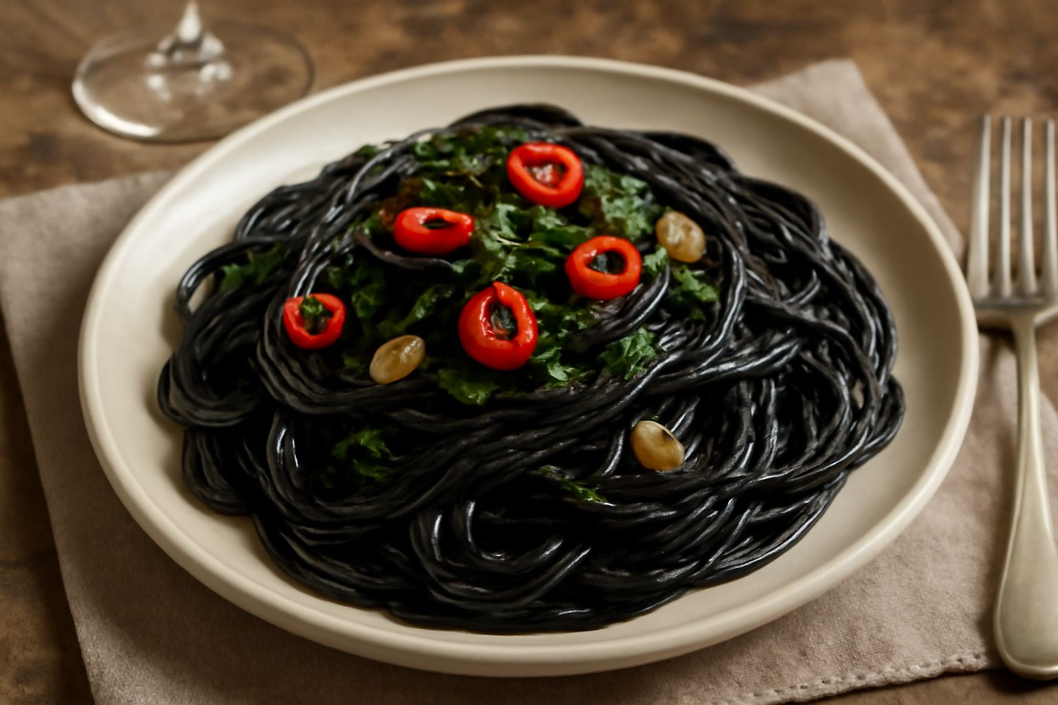 Piatto di pasta al nero di seppia: spaghetti neri lucidi con seppia, aglio e peperoncino, decorati con prezzemolo fresco verde su fondo bianco, olio d'oliva che brilla