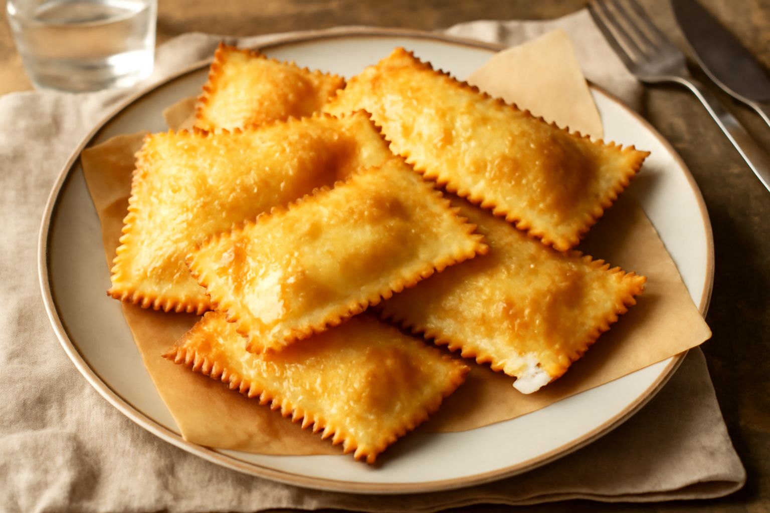 Panotti dorati e croccanti appena fritti, appoggiati su carta assorbente bianca, sfoglia croccante visibile, formaggio cremoso che fuoriesce dalle estremità sigillate