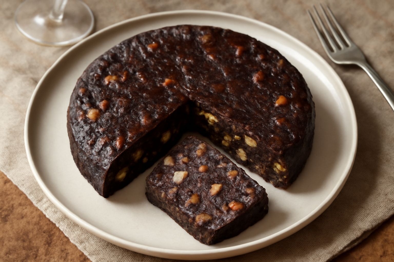 Panpepato modenese affettato su un piatto di ceramica bianca, fette marrone scuro con noccioli visibili di frutta secca, superficie irregolare, sfondo grigio neutro