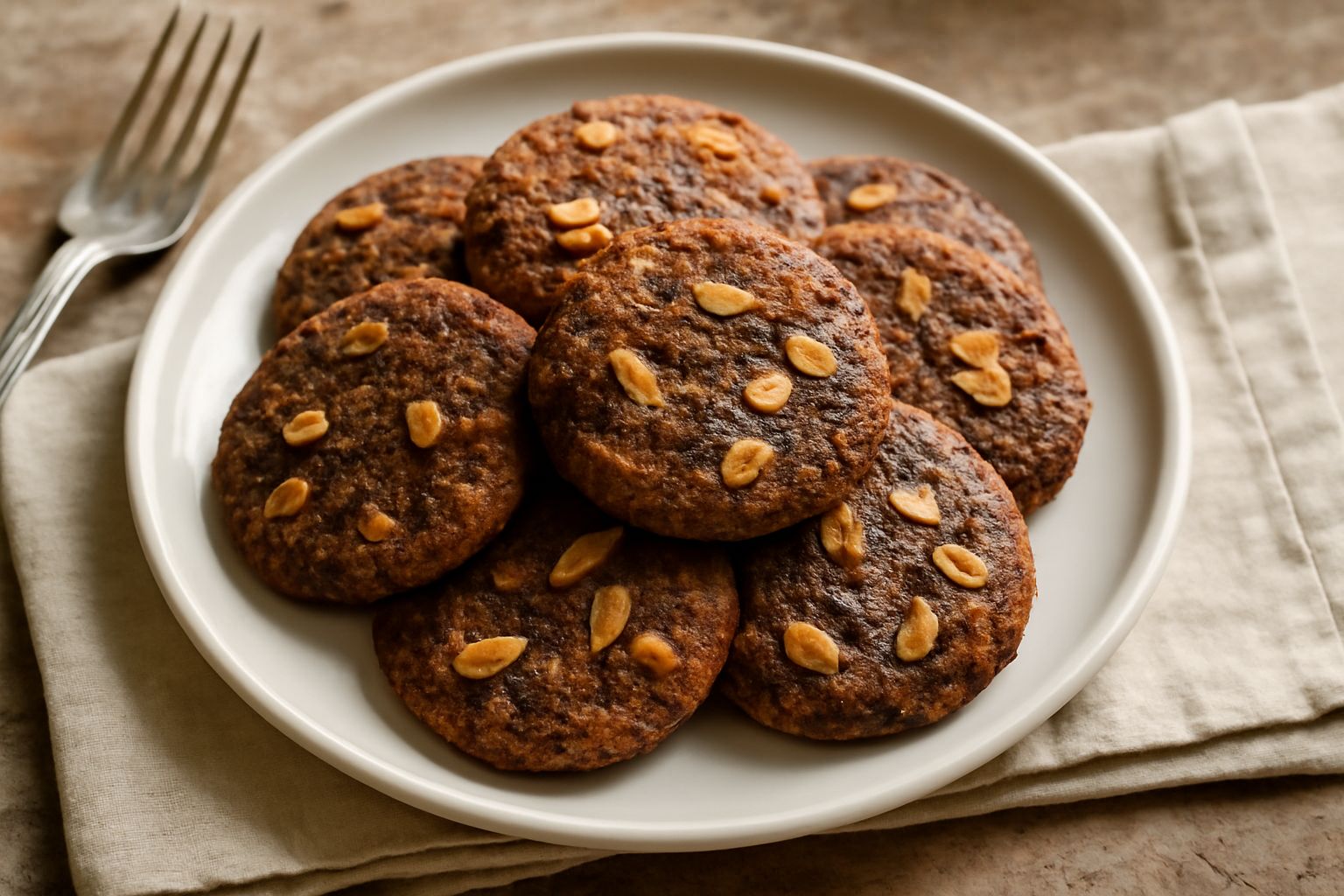 Pansarole dorate e croccanti disposte su un piatto bianco, forme tonde appiattite con superficie irregolare, mandorle visibili, colore marrone scuro uniforme
