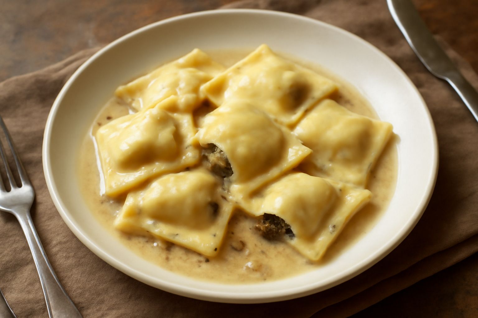 Pansooti in un piatto bianco con salsa di noci e noce moscata spolverata, al dente, con il colore giallo-verde della pasta ripiena visibile dal bordo, contorno di parmigiano grattugiato