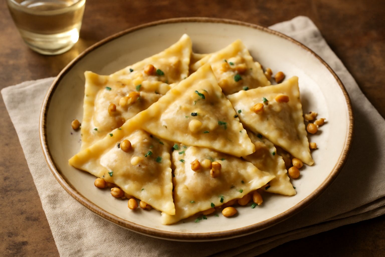 Pansotti dorati e triangolari ripieni di ricotta, disposti nel piatto con salsa di noce o burro fuso, guarniti con pinoli tostati e un filo di olio d'oliva verde