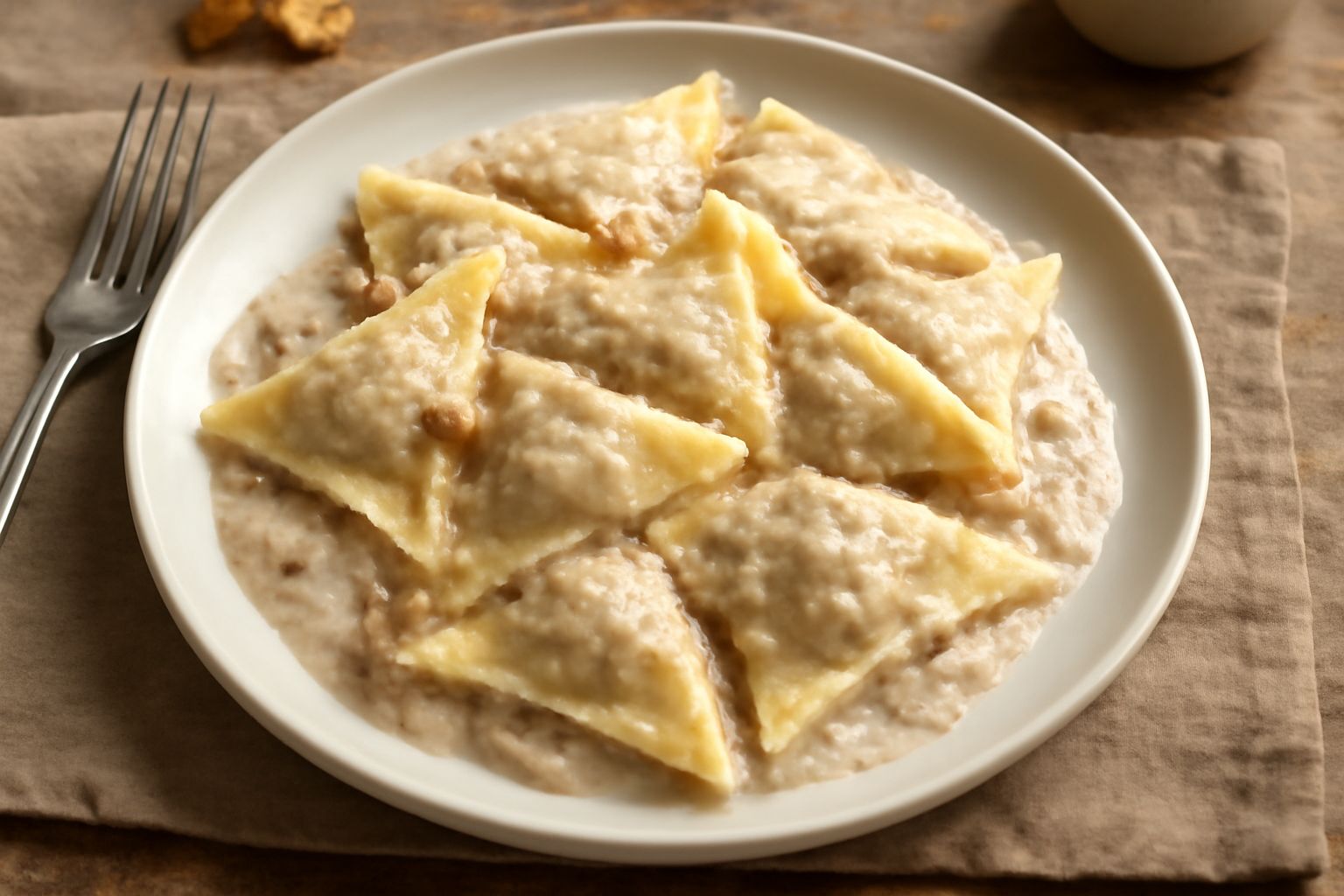 Pansotti triangolari di pasta fresca crema e bianca disposti in un piatto bianco, ricoperti di salsa di noci densa color beige, con granelli di parmigiano grattugiato e una noce intera decorativa sul 