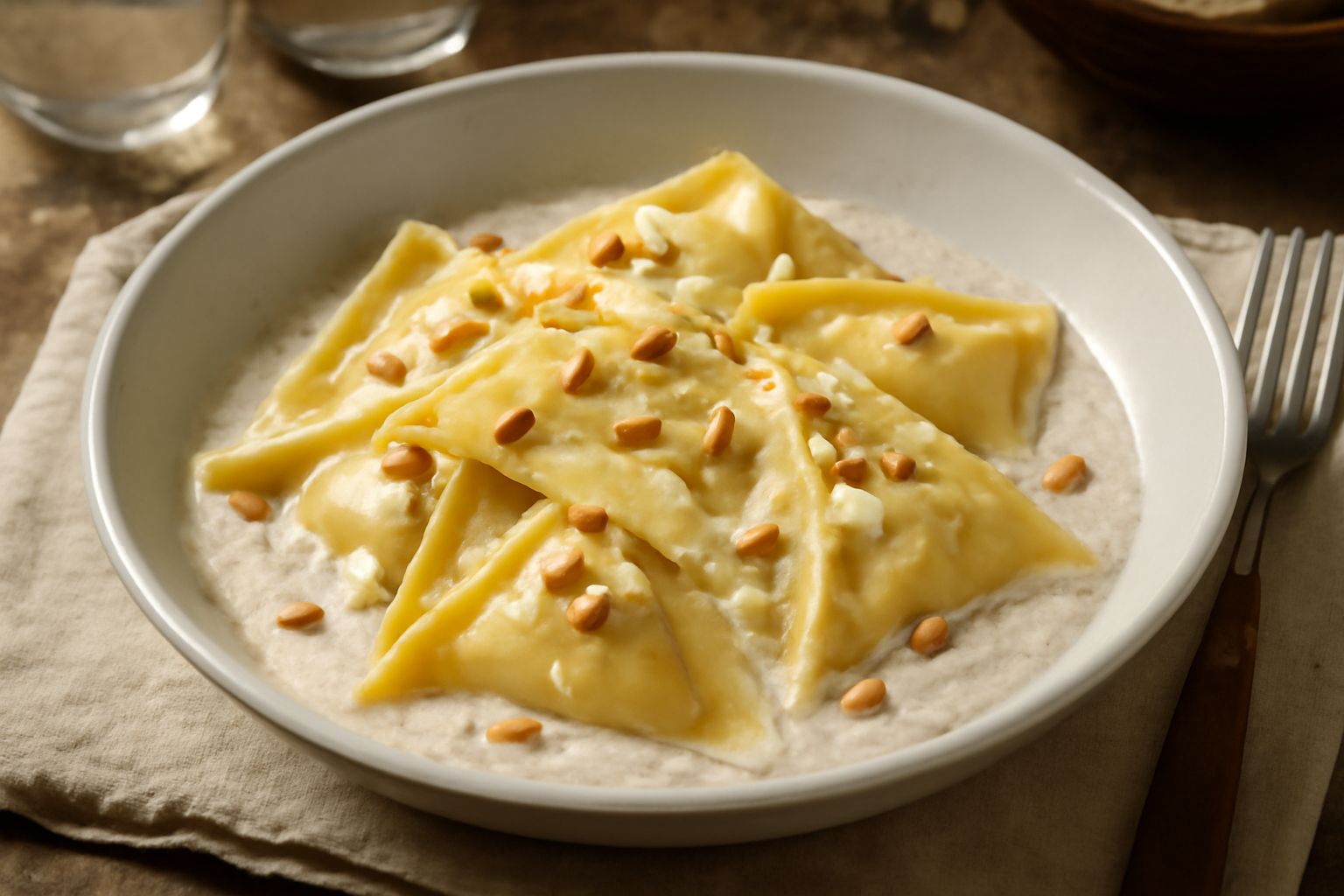 Pansotti triangolari di pasta all'uovo su piatto bianco, ricoperti di salsa di noci color panna, con pinoli tostati, parmigiano grattugiato e prezzemolo fresco