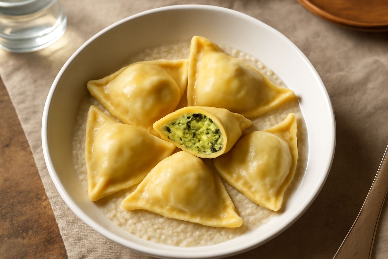 Pansotti fresco appena cotti su piatto bianco, forma a triangolo arrotondato riempito di verdure verdi e gialle visibili dal ripieno trasparente, conditi con leggero filo d'olio e erba cipollina fresc