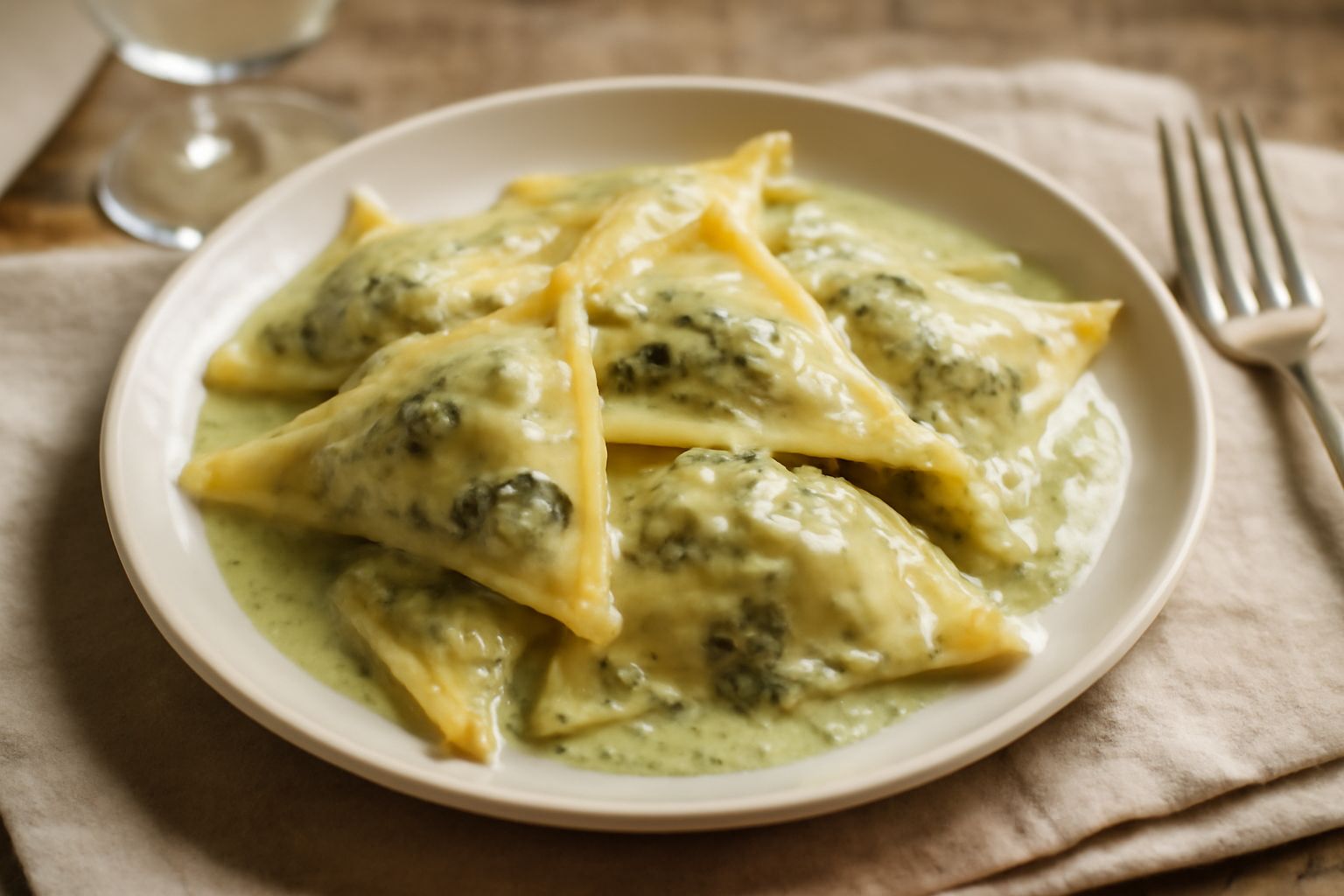 Pansotti cucinati in un piatto bianco impiattati in gruppetti, ricoperti da salsa cremosa di noci bianche, guarniti con foglie di salvia fritta e gocce di olio d'oliva, accanto a un cucchiaio in argen